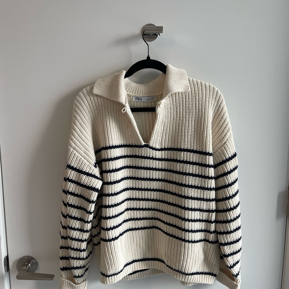 Zara Cream and Black Striped Sweater